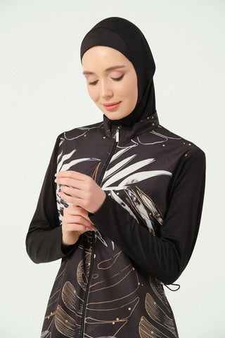 Gold Patterned Long Modest Swimsuit