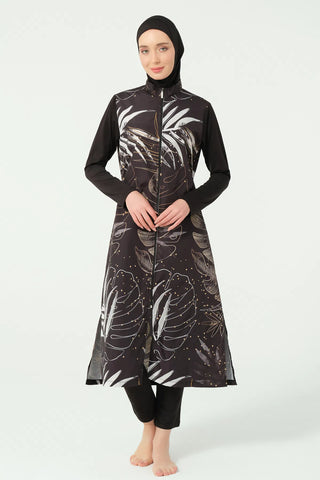 Gold Patterned Long Modest Swimsuit