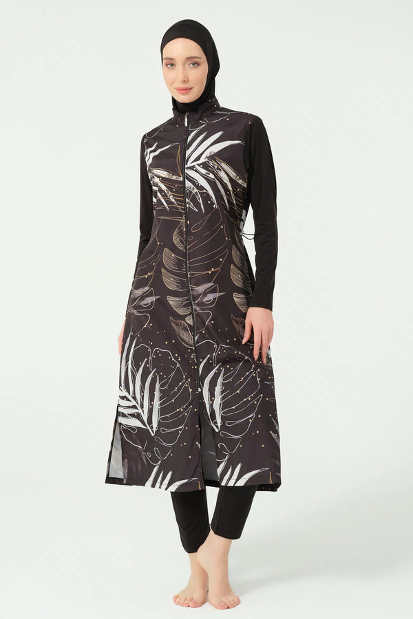 Gold Patterned Long Modest Swimsuit