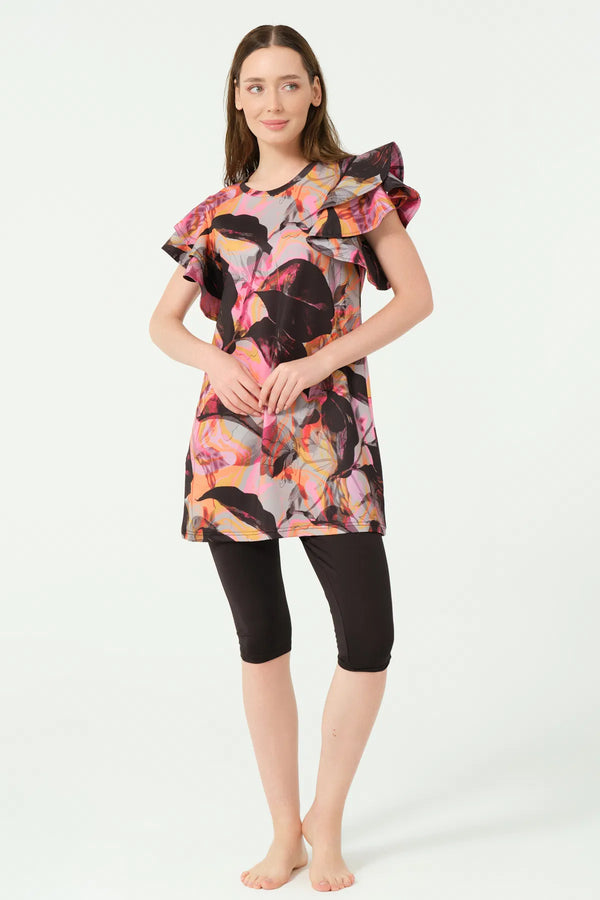 Feyora Patterned Short-Sleeve Semi-Covered Swimsuit
