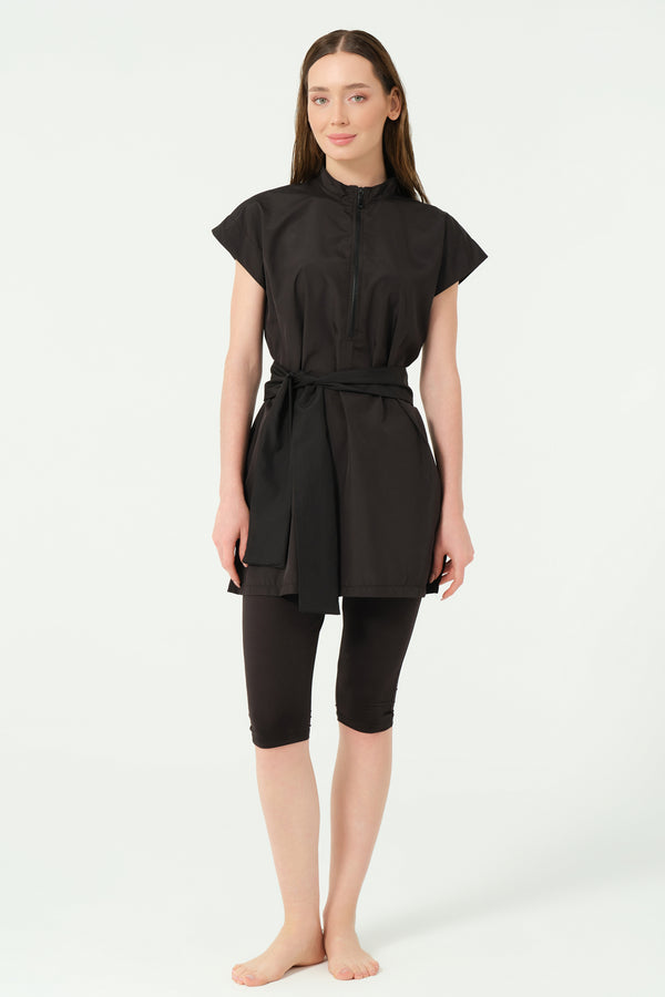 Sporty Half-Sleeve Modest Swimsuit with Belt Detail