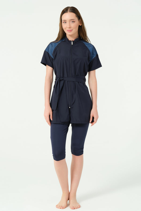 Raglan Sleeve Modest Swimsuit with Mesh Detail