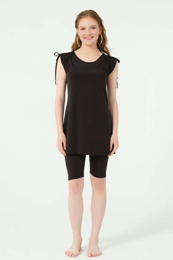 Rustin Sleeveless Modest Swimsuit with Gathered Shoulder Detail