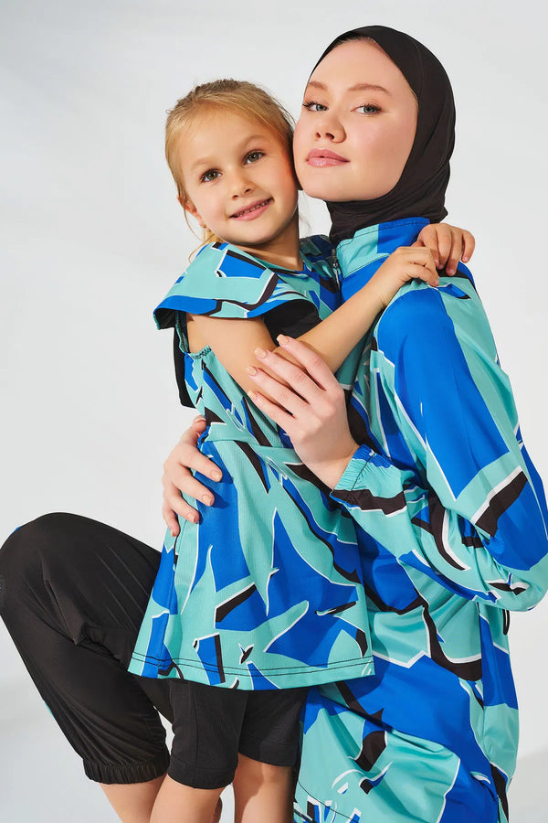 Patterned Sleeveless Blue Kids Swimsuit with Flounce Details
